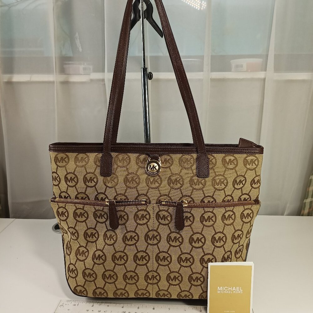 Michael Kors Kempton Large Brown Beige Purse Tote Jacquard Canvas Patent Leather